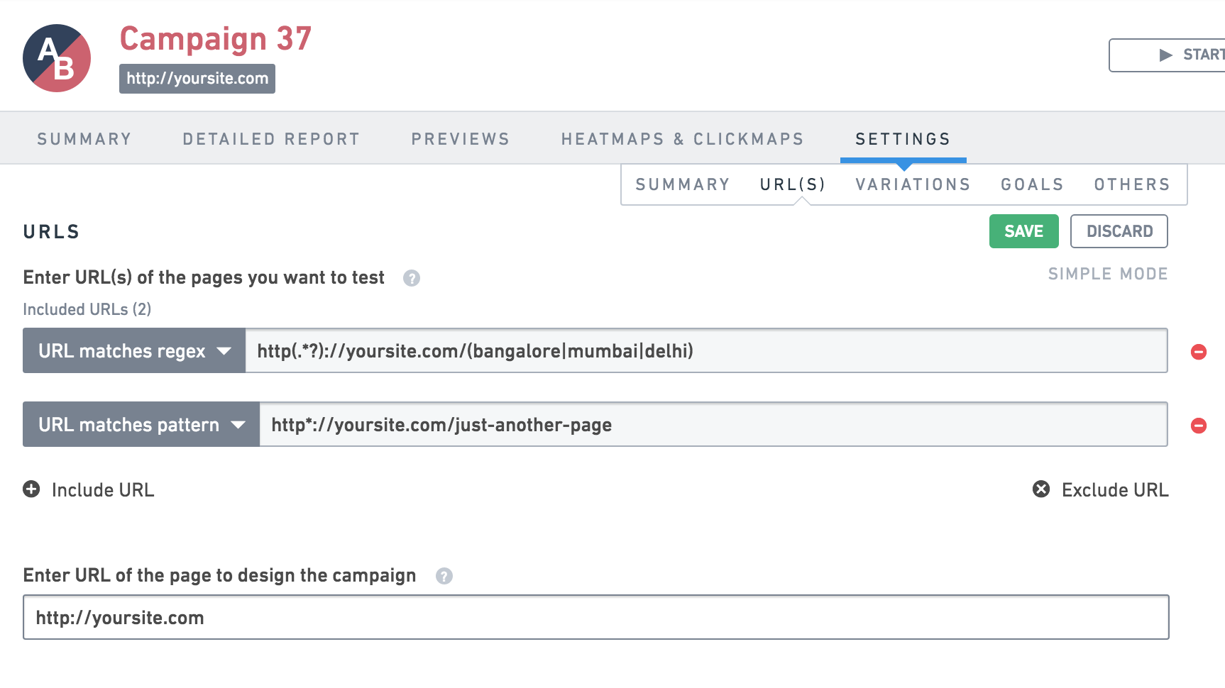 vwo campaign setting urls