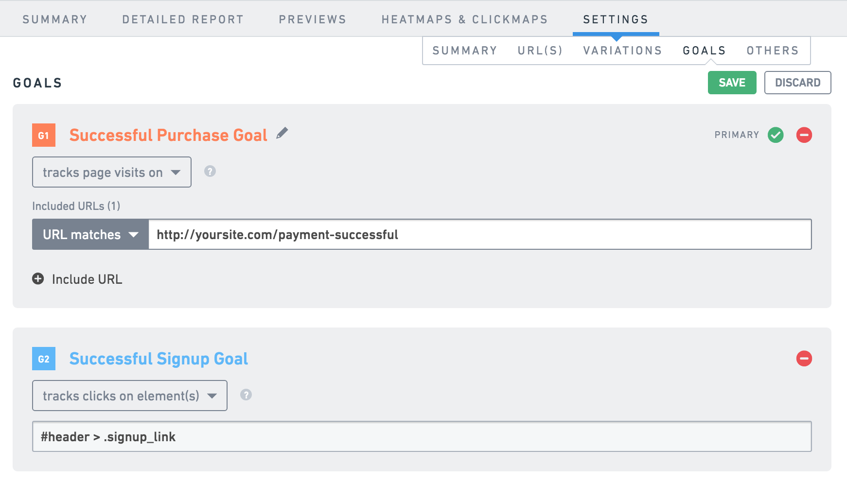 vwo create goals section